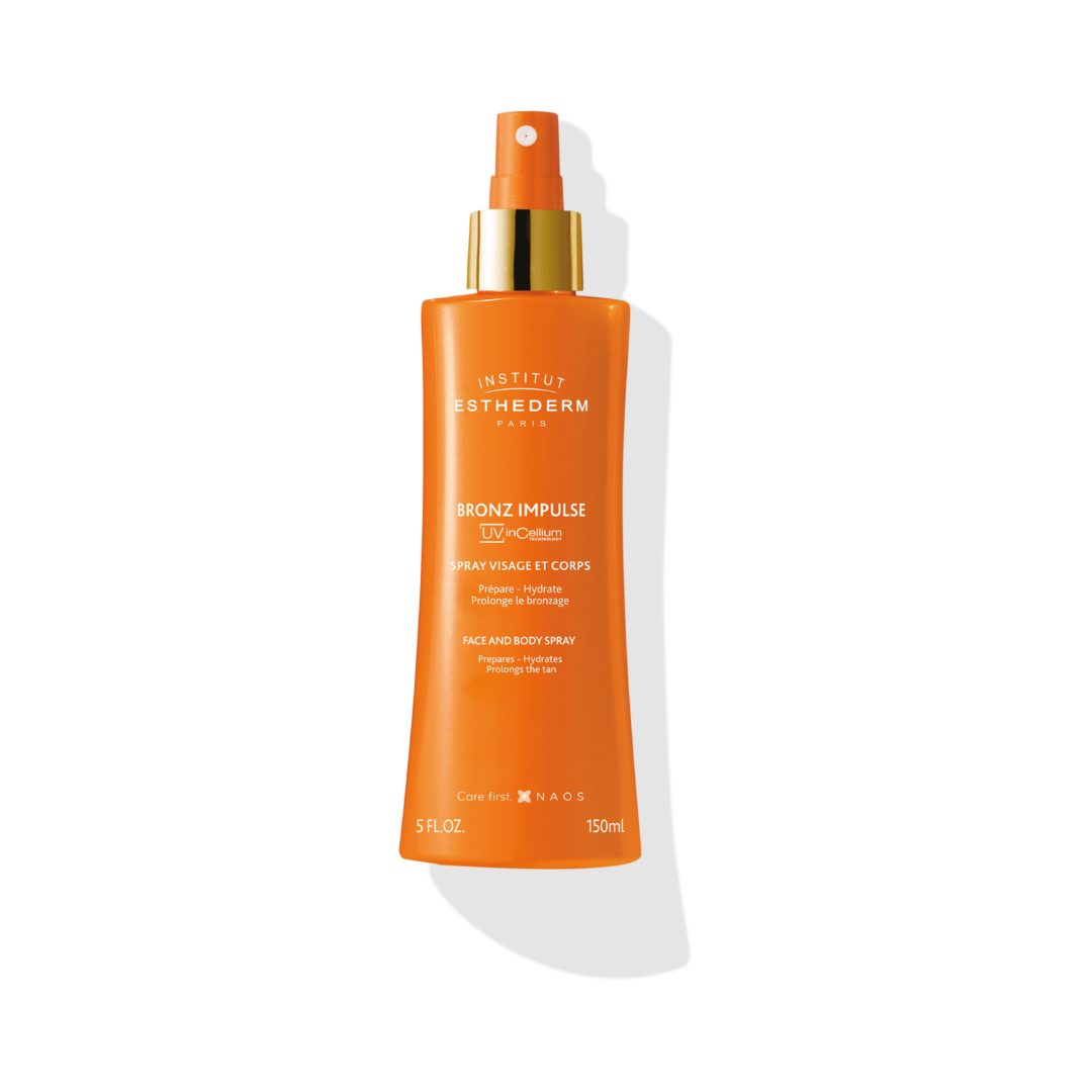 ESTHEDERM product photo, Bronz Impulse Spray 150ml, face and body mist, faster tan, long-lasting glow, skin prep